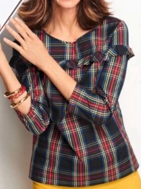 Talbots Black Multi Plaid Tartan Ruffled Cotton Blend Blouse Size M NWOT